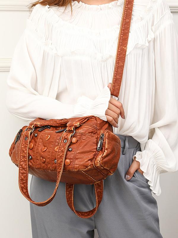 Heart Studded High Capacity Washed Leather Bag mySite