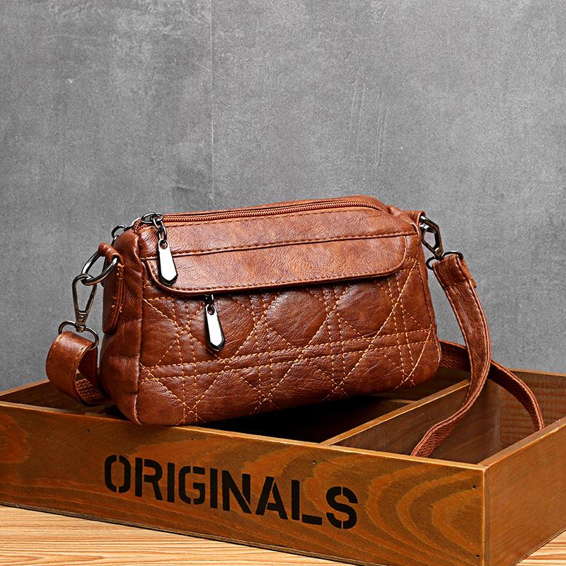 Ladies double-layer large capacity diagonal shoulder bag washed soft leather pouch mySite