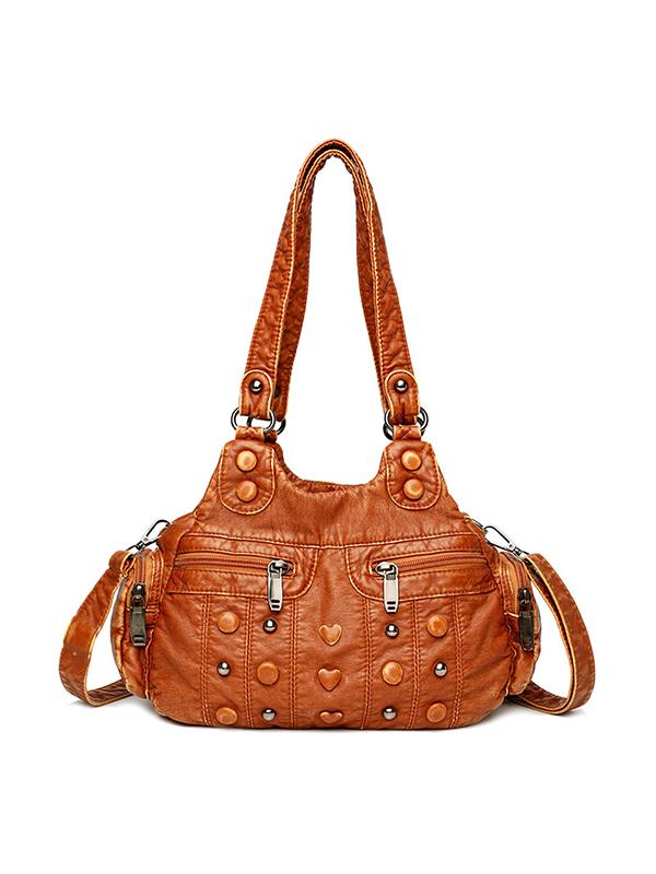 Heart Studded High Capacity Washed Leather Bag mySite