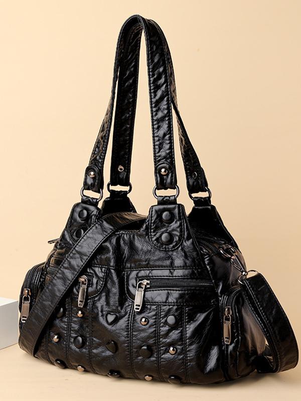 Heart Studded High Capacity Washed Leather Bag mySite
