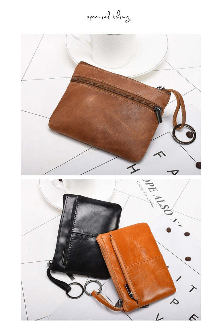 Retro zipper short cowhide small change card holder mySite